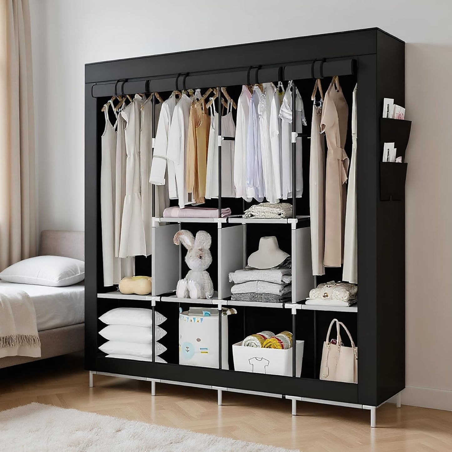 BNIB-Portable Closet Large Wardrobe Closet Clothes Organizer with 6 Storage +4 Hanging + 4 Side Pockets,Black