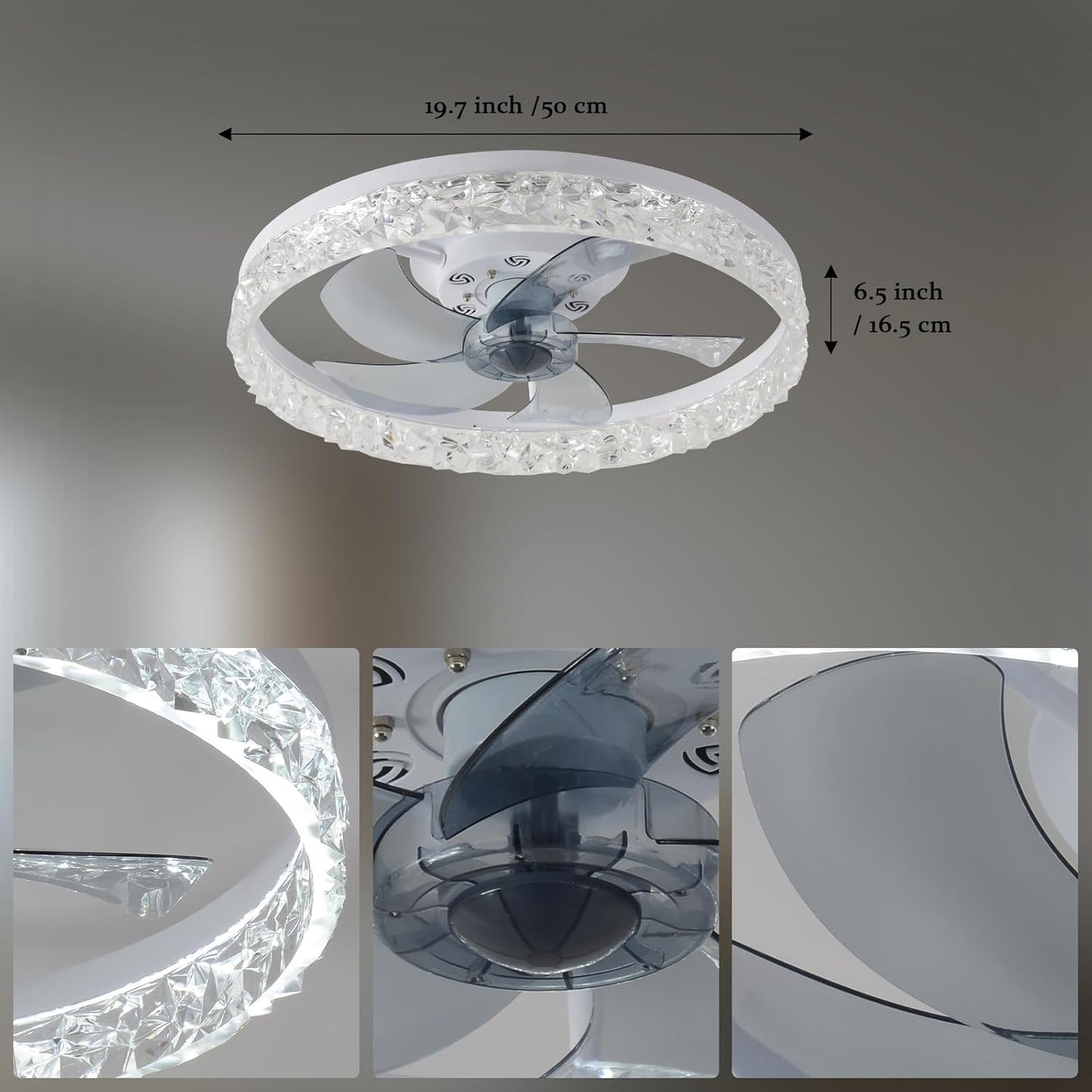 BNIB-FRIXCHUR 20" Modern Crystal Bladeless Ceiling Fan with Light – (white 6 Speeds 3 Colors Change)