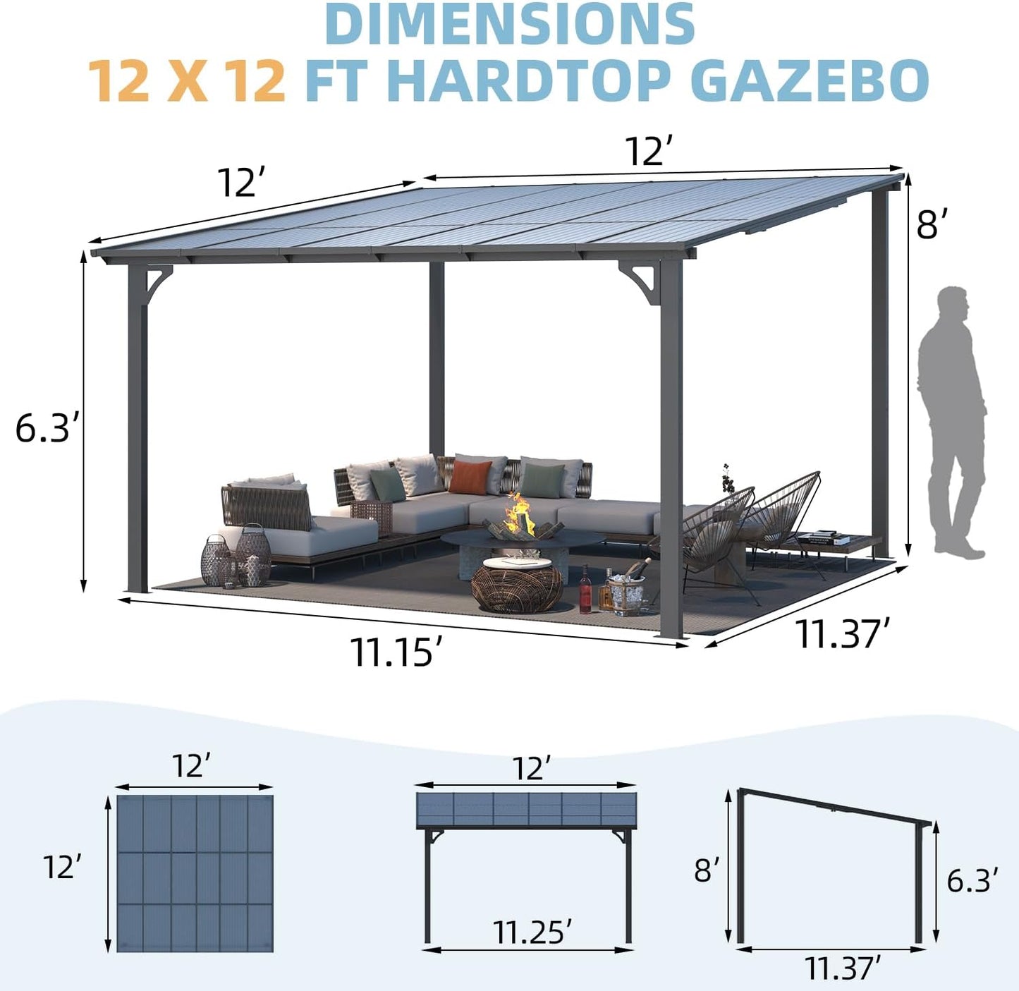 BNIB-12' x 12' Hardtop Gazebo Outdoor Aluminum Pergola For Garden, Patio, Backyard-Black,-$850