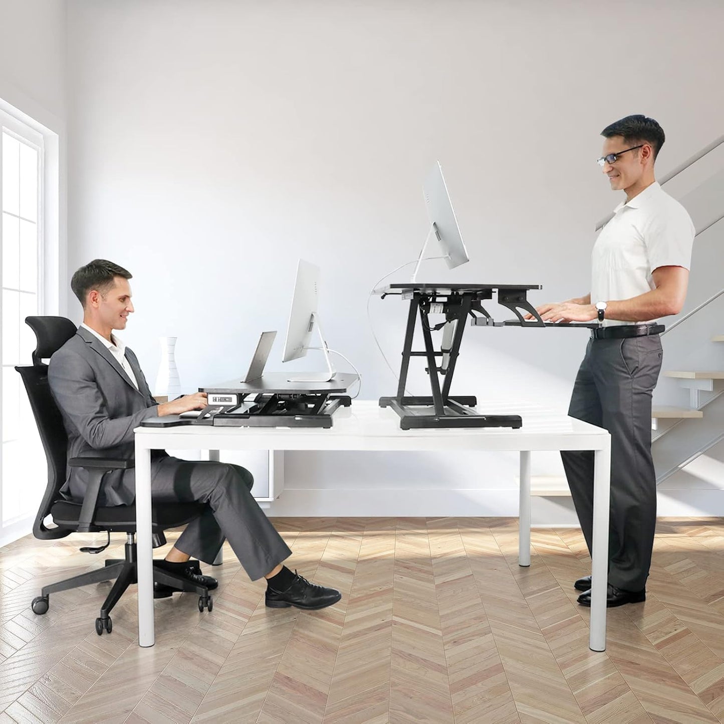 BNIB -Standing Desk Converter, 33.5 inch Height Adjustable Standing Desk Converter W/Monitor Riser and USB Port