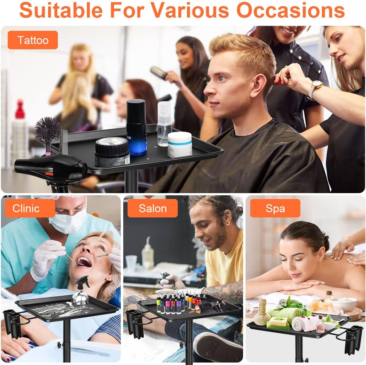BNIB-Rolling Salon Tray, Tattoo Tray Cart Aluminum Tray Instrument Stand, Adjustable Height Mobile Utility,