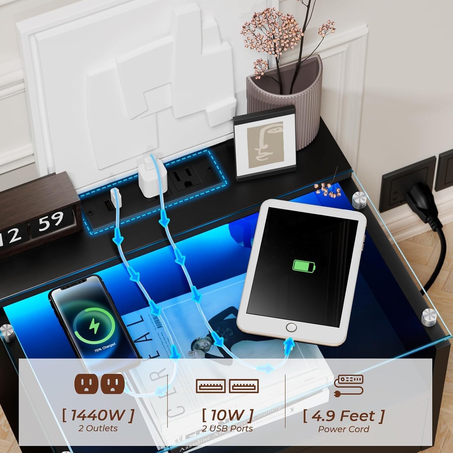 Brand New Floating Nightstand with Charging Station and LED, Small Floating Night Stand with Drawer
