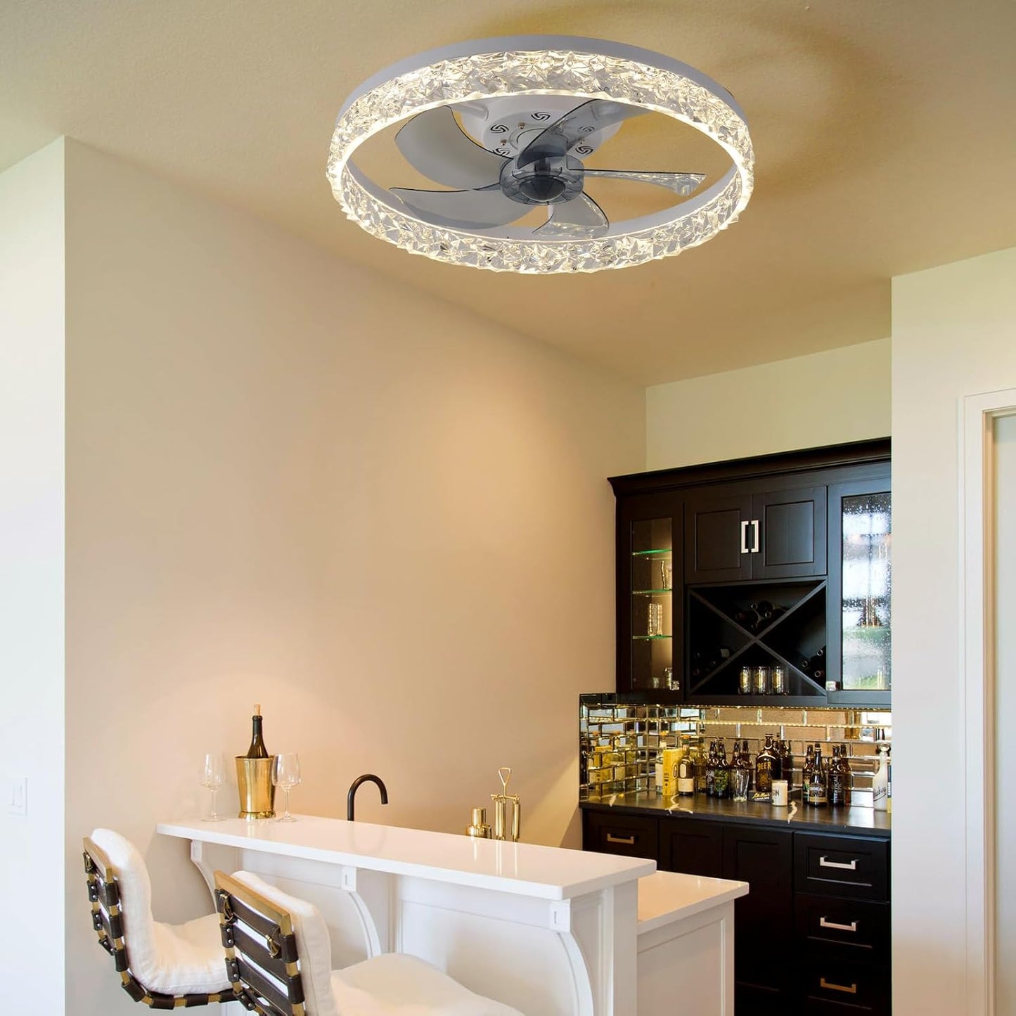 BNIB-FRIXCHUR 20" Modern Crystal Bladeless Ceiling Fan with Light – (white 6 Speeds 3 Colors Change)