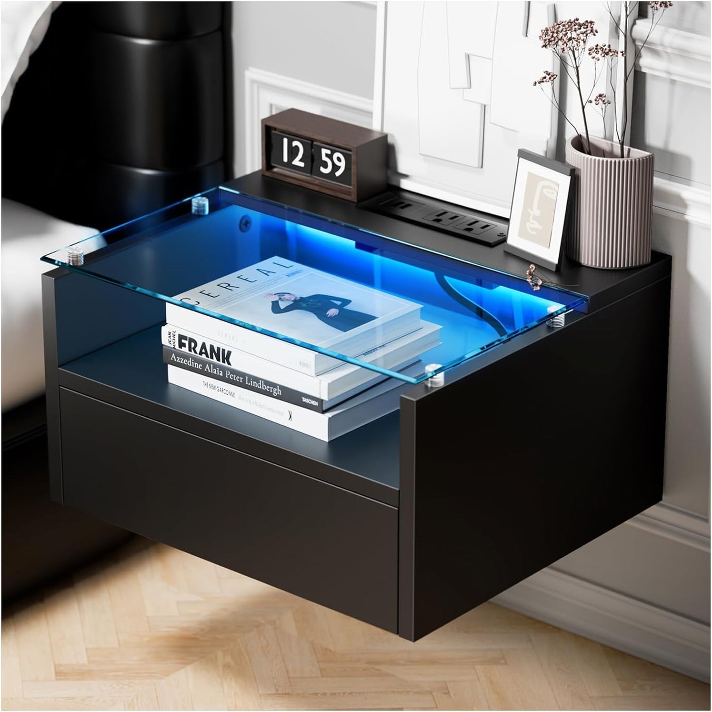 Brand New Floating Nightstand with Charging Station and LED, Small Floating Night Stand with Drawer