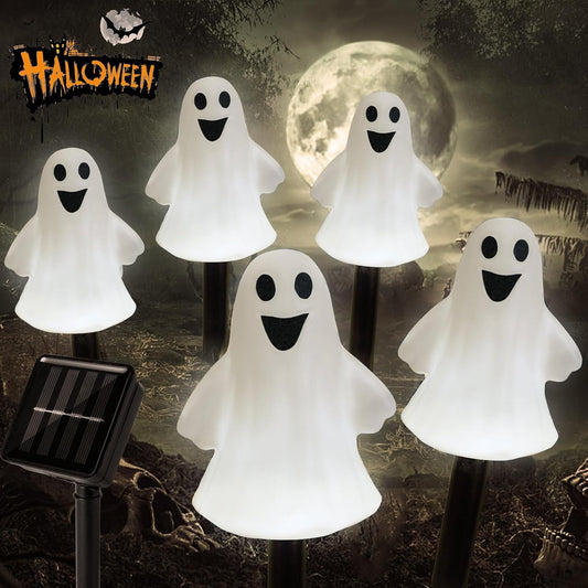 BNIB-Solar Halloween Ghost Pathway Lights Decorations, Halloween Ghost Stake Lights Set of 5