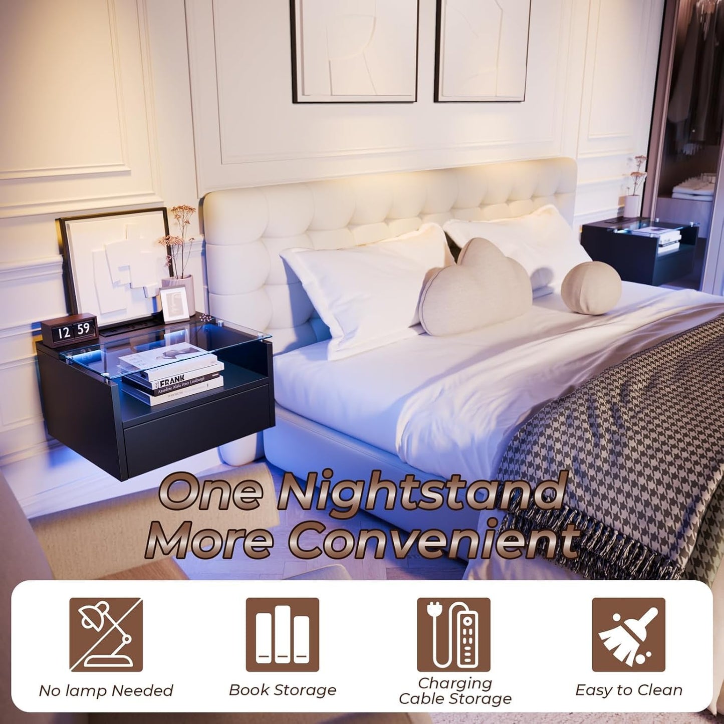 Brand New Floating Nightstand with Charging Station and LED, Small Floating Night Stand with Drawer