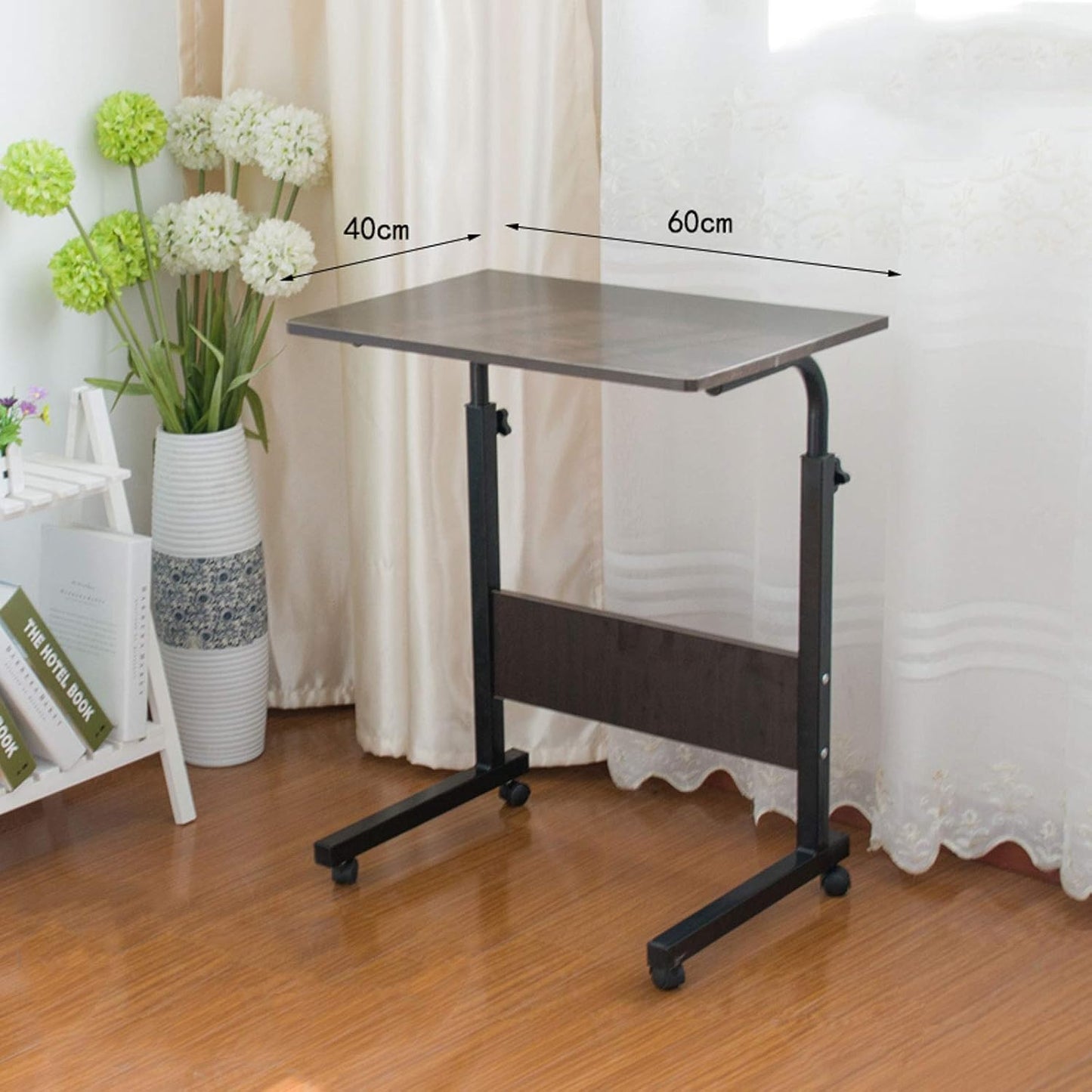 BNIB-Movable Side Table/Laptop Desk for Bed/Sofa, w/Adjustable Height & Lockable Wheels-Black Walnut