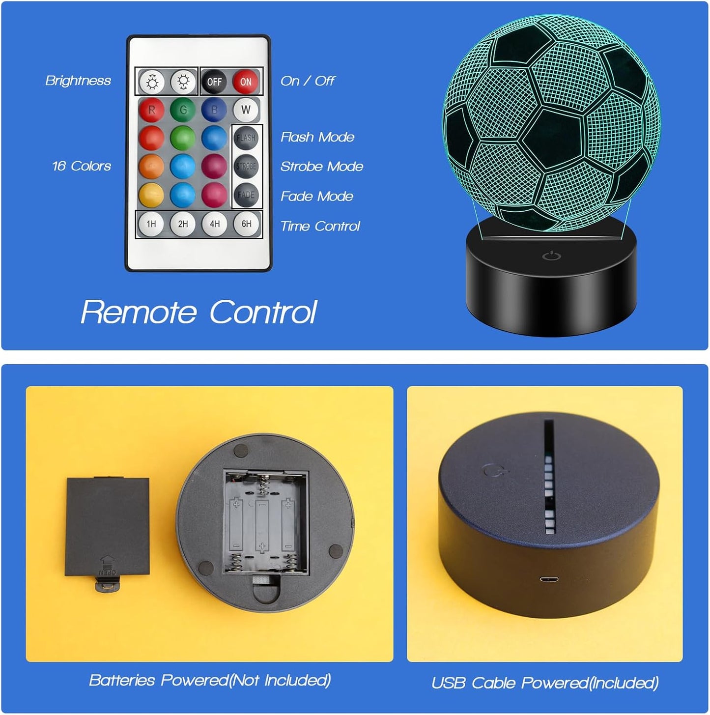 BNIB-Soccer Night Light for Kids, 3D Illusion Lamp with Remote Control with 16 Color Changing