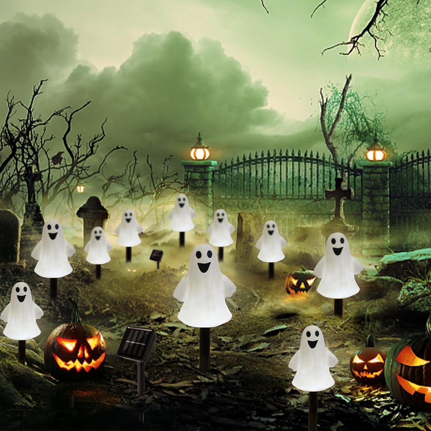 BNIB-Solar Halloween Ghost Pathway Lights Decorations, Halloween Ghost Stake Lights Set of 5