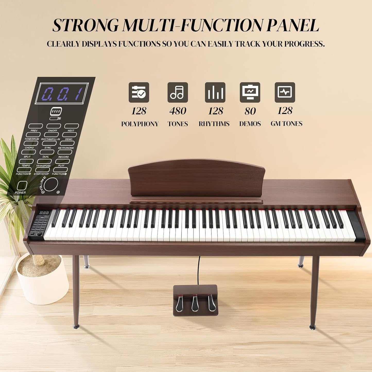 Brand New Ktaxon 88-Key Weighted Digital Piano with 3-Pedal Unit & MIDI – Brown,-$100