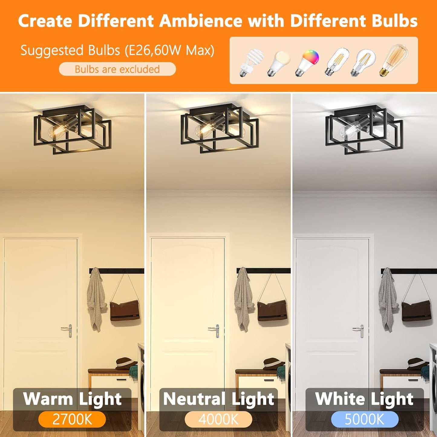BNIB-Industrial 2-Lights Semi Flush Ceiling Light Farmhouse Ceiling Light Fixture Square Vintage Mount Ceiling Lights