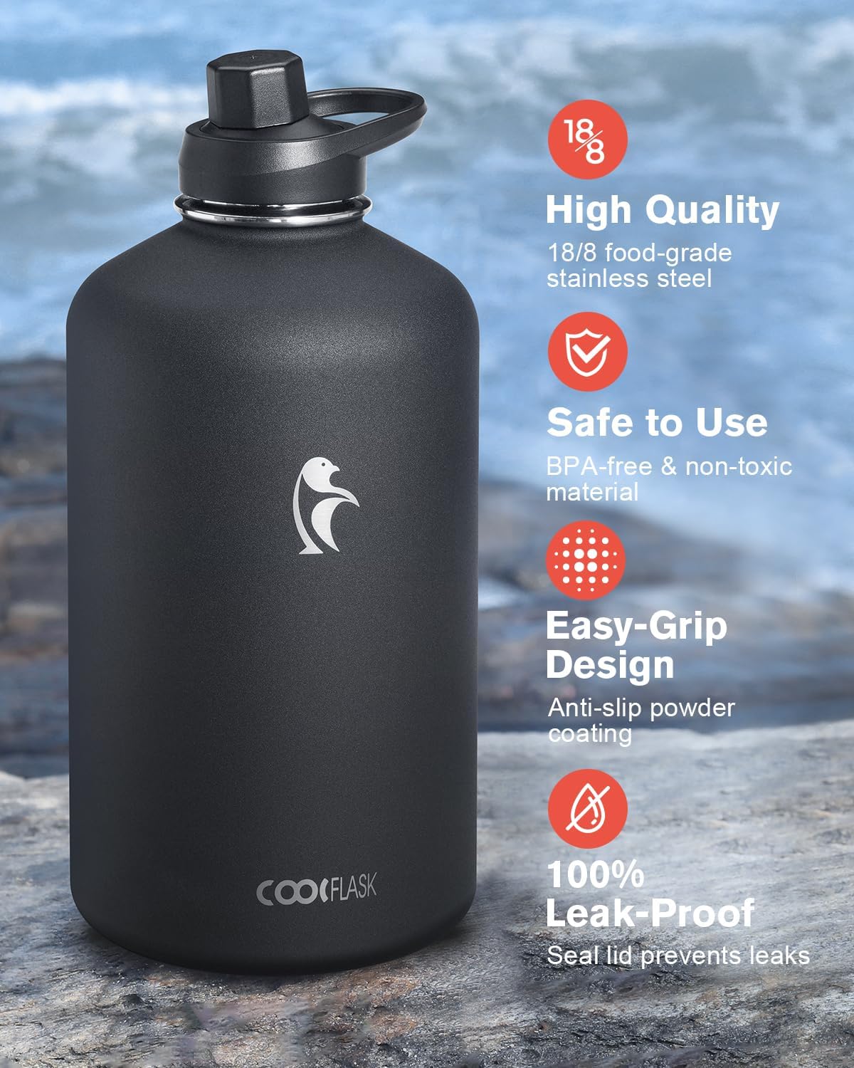 BNIB-Coolflask 128 oz Water Bottle Insulated with PU Leather Sleeve, Gallon Water Bottle Color Contrast,