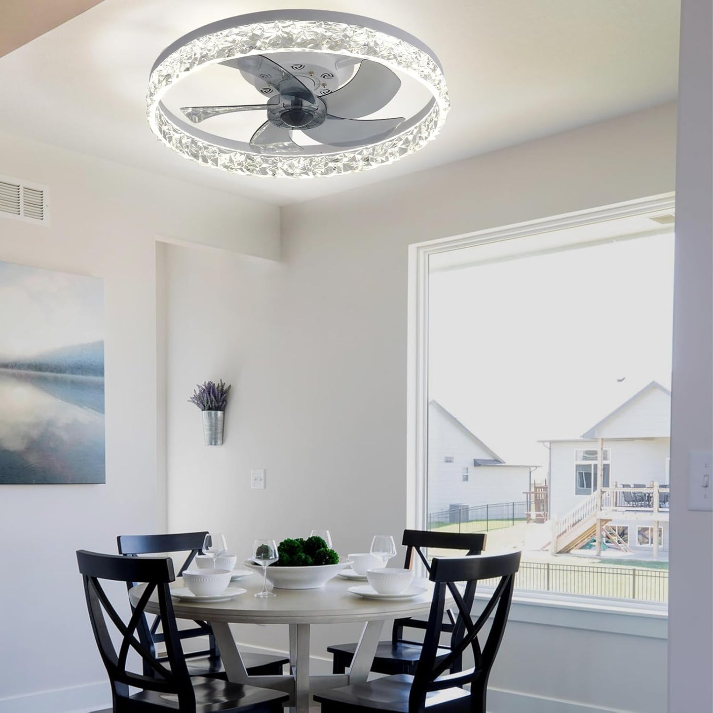 BNIB-FRIXCHUR 20" Modern Crystal Bladeless Ceiling Fan with Light – (white 6 Speeds 3 Colors Change)