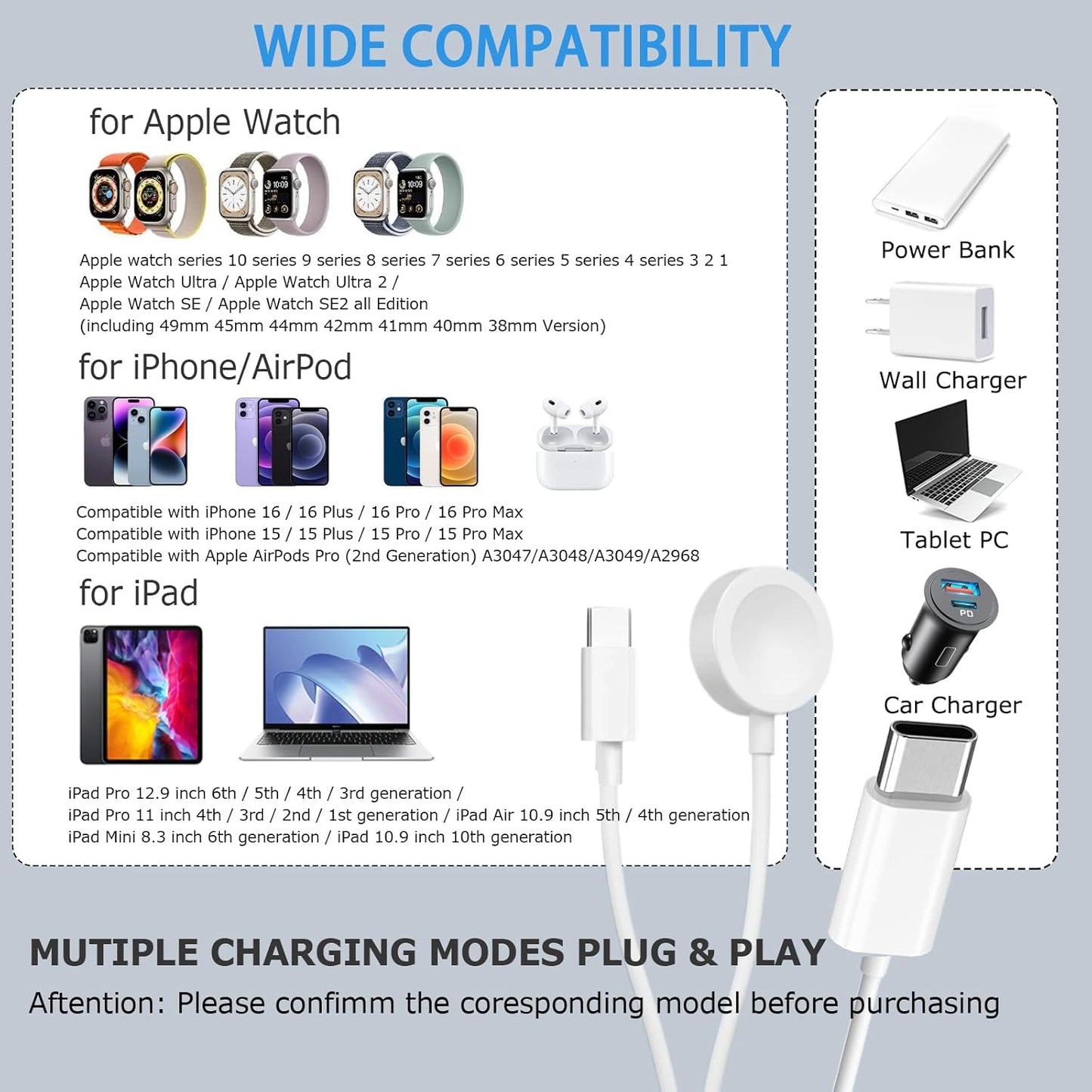 BNIB-2-in-1 USB C Cable Charger Compatible with Apple Watch iPhone,Pad Pro (3.9FT)