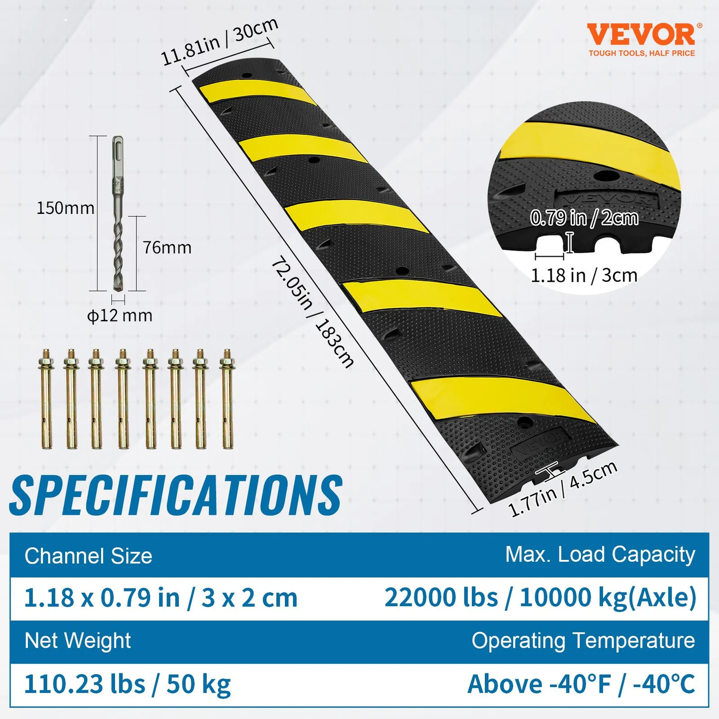 VEVOR 2PCs 6 ft/72'' Rubber Speed Hump, 2 Channel, 22000 lbs Capacity Heavy Duty Traffic Speed Bump,