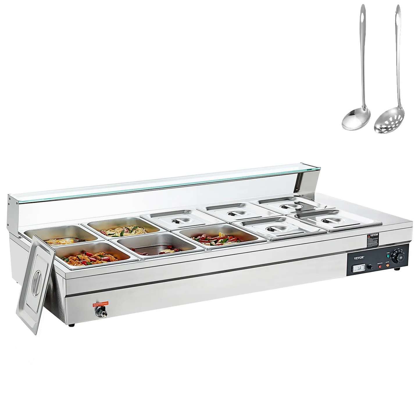 VEVOR 10-Pan Commercial Food Warmer, 10 x 12QT Electric Steam Table with Tempered Glass Cover