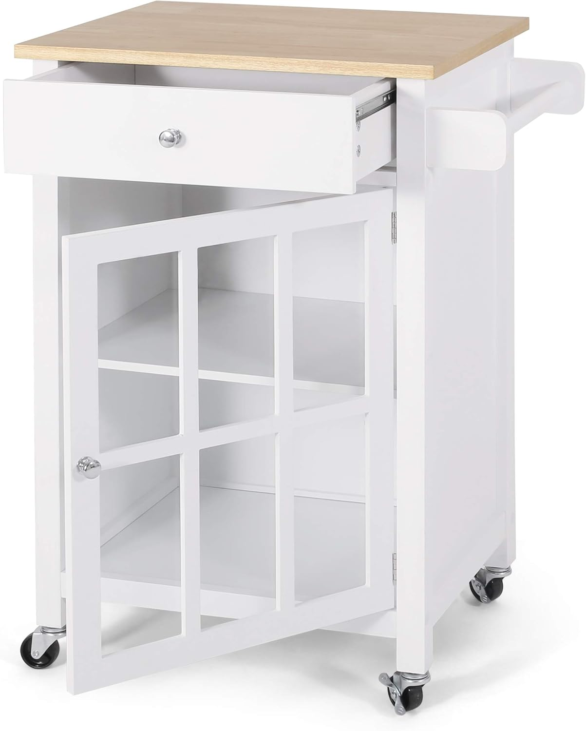 BNIB- Kitchen Island Cart with Drawer and Glass Door Cabinet, Kitchen Trolley with Adjustable Shelf