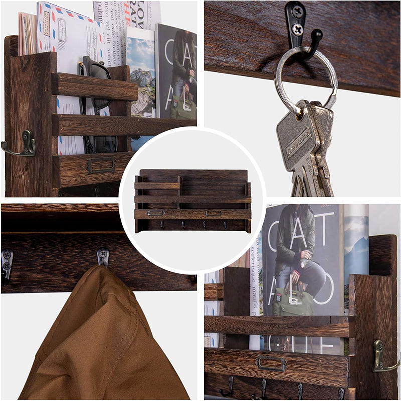BNIB-Wall Mounted Mail Holder with 4 Key Hooks for Coat, Key Entryway Organizer,(Brown)