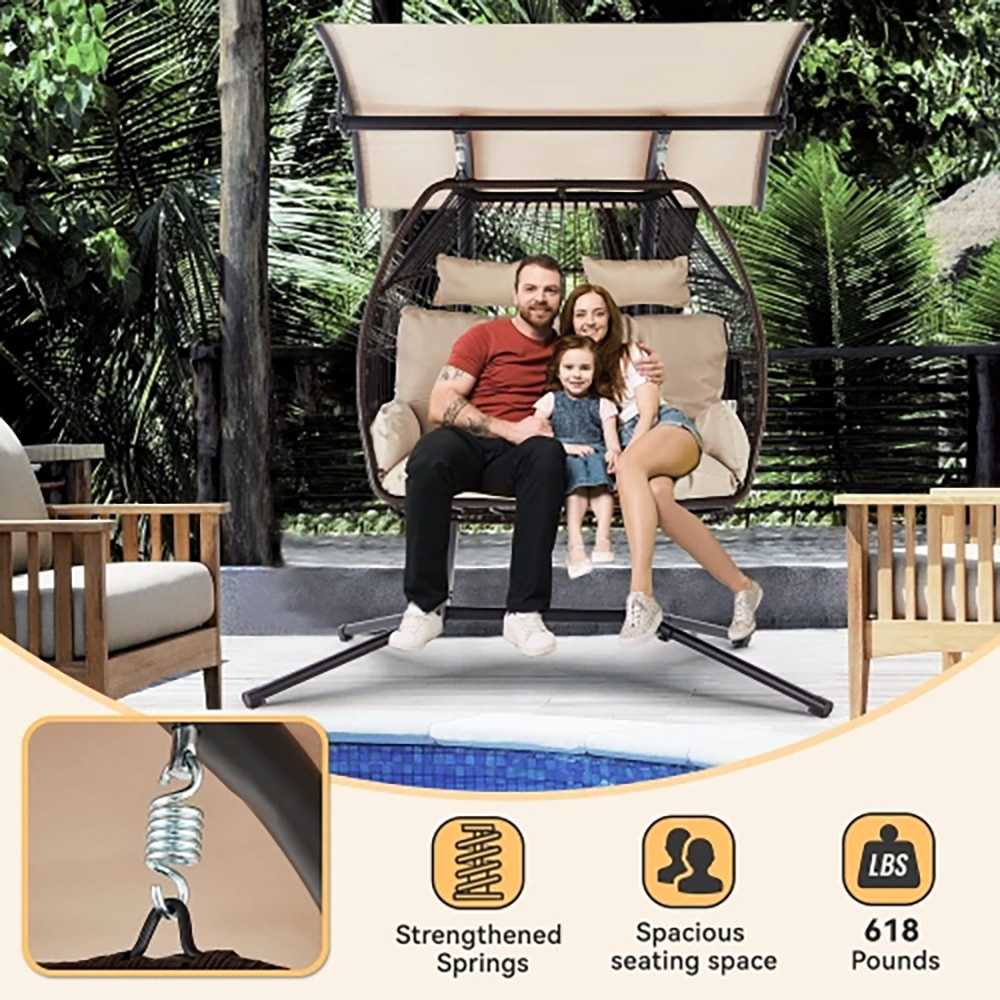 BNIB-Erommy 44'' x 67'' Outdoor Swing Loveseat with Stand, Foldable Hanging Chair, Hammock Cushion