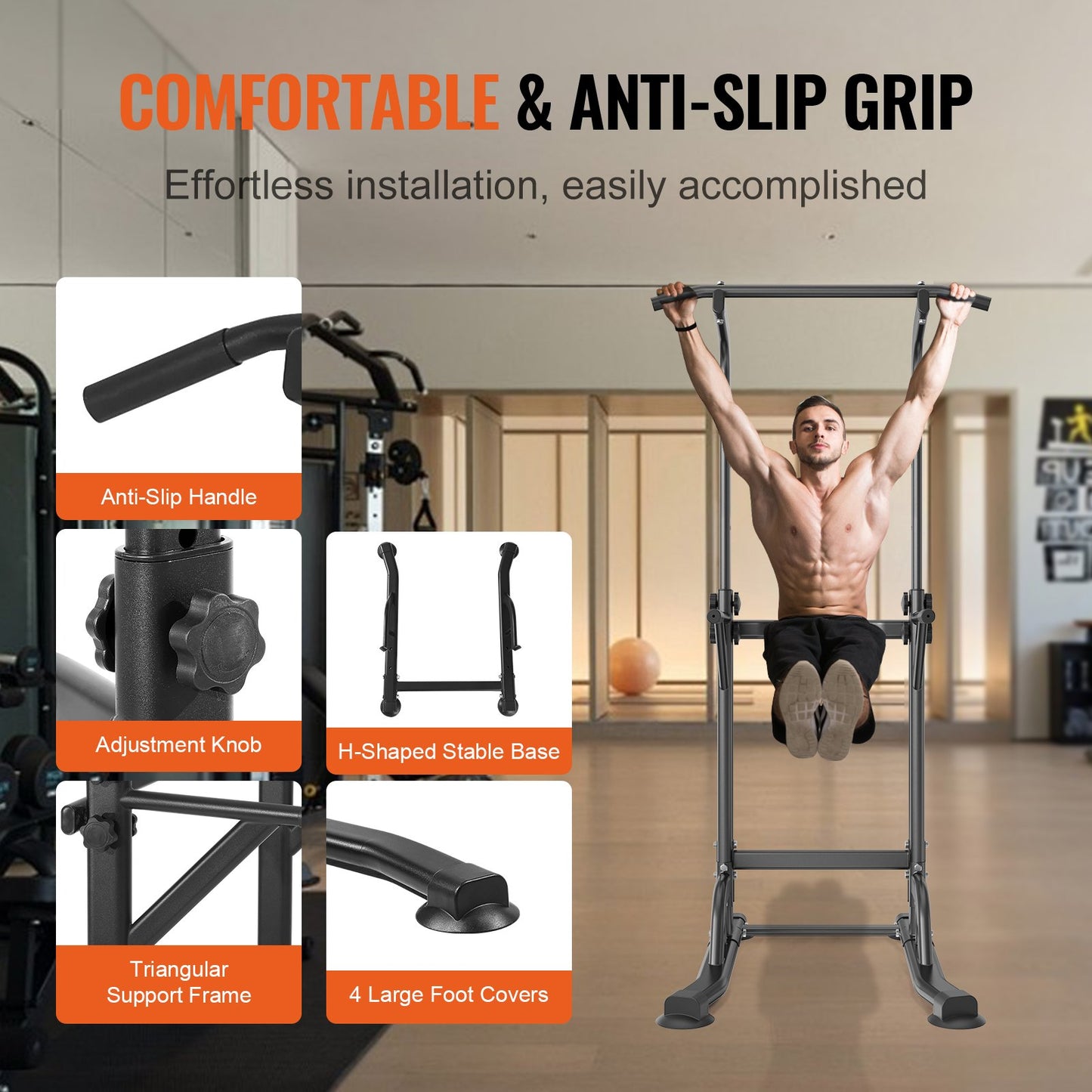 VEVOR Power Tower Dip Station, 10-Level Height Adjustable Pull Up Bar Stand, Multi-Function Strength Training,