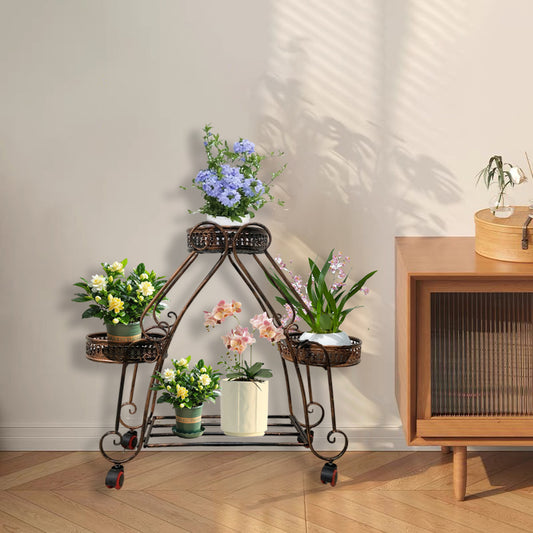 Brand New Red Copper Flower Stand w/Rolling Casters, Multi-Tiered Round Planter Rack, Indoor & Patio Display