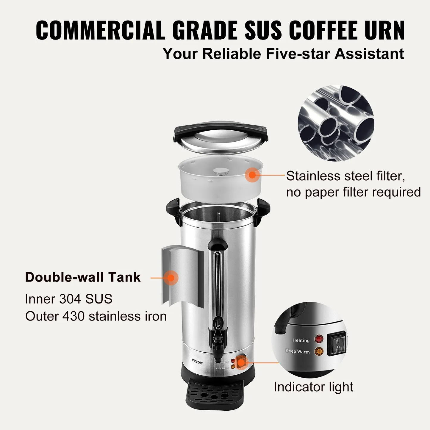 VEVOR Commercial Coffee Urn, 110 Cups Stainless Steel Large Coffee Dispenser, 1500W 110V Electric Coffee,-$100