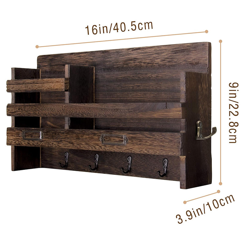 BNIB-Wall Mounted Mail Holder with 4 Key Hooks for Coat, Key Entryway Organizer,(Brown)