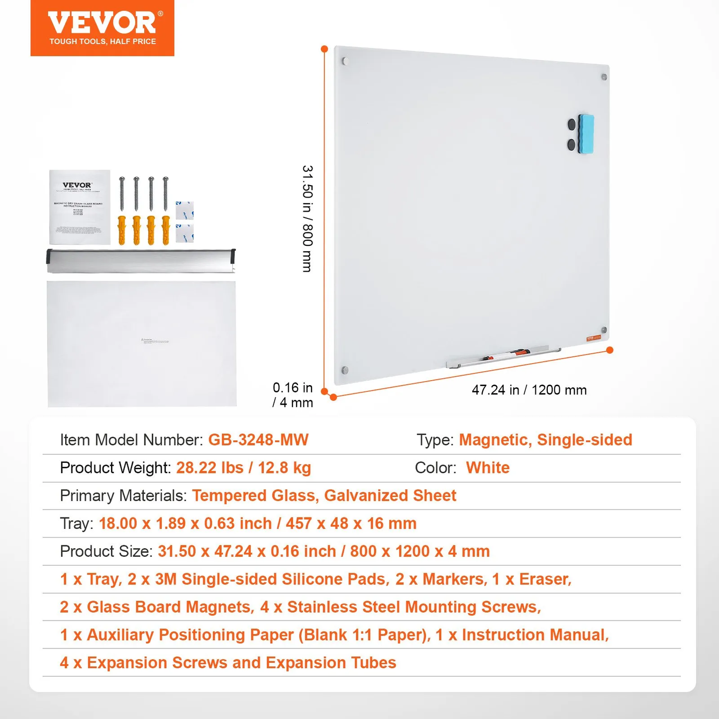 VEVOR Magnetic Glass Whiteboard, Dry Erase Board 48"x32", Wall-Mounted Large White Glassboard Frameless,-$80
