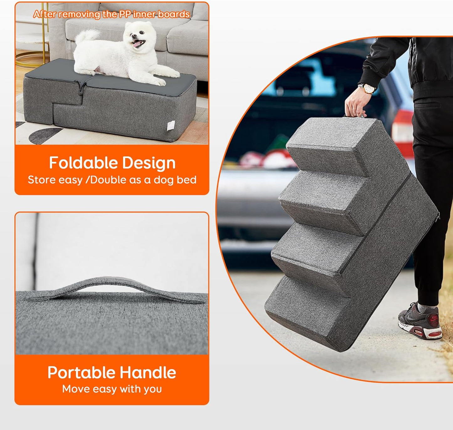 BNIB-Dog Stairs & Steps for Small Dogs Cats,Shock Absorbing Foam with High-Strength Boards,4-Step