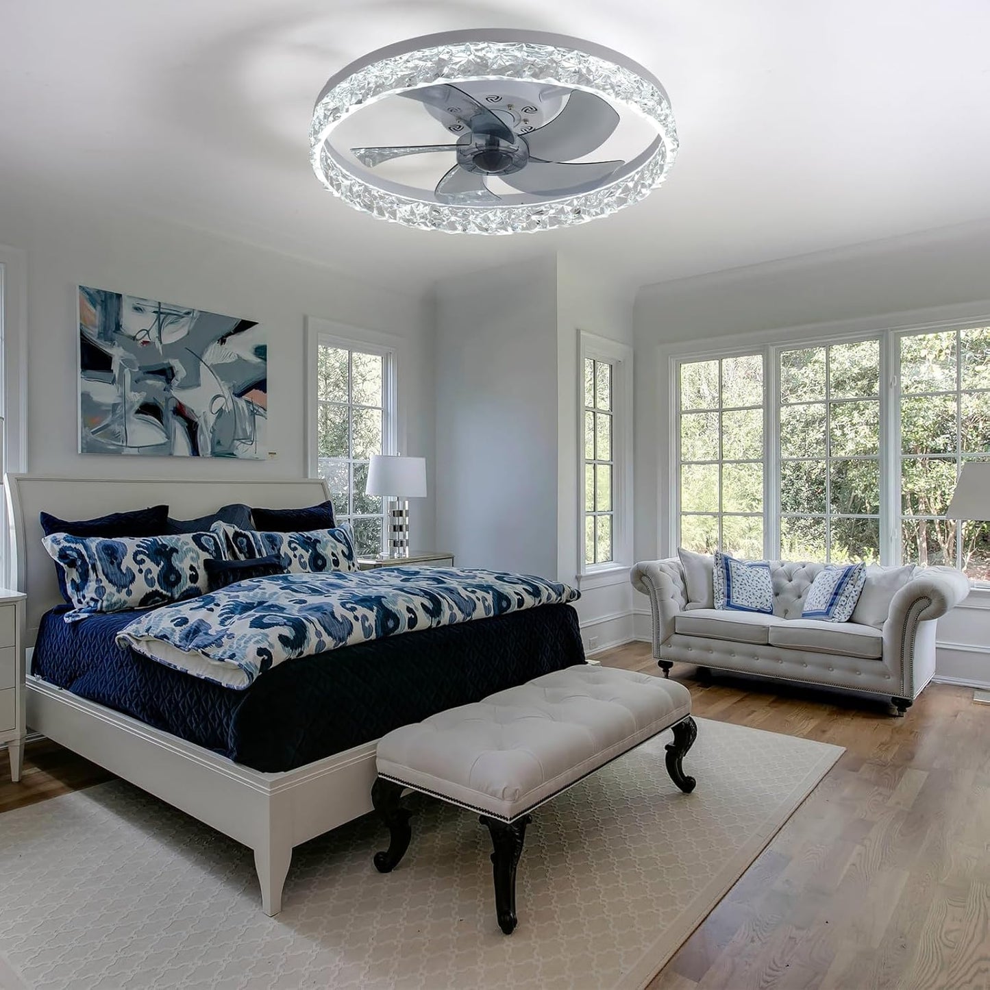 BNIB-FRIXCHUR 20" Modern Crystal Bladeless Ceiling Fan with Light – (white 6 Speeds 3 Colors Change)