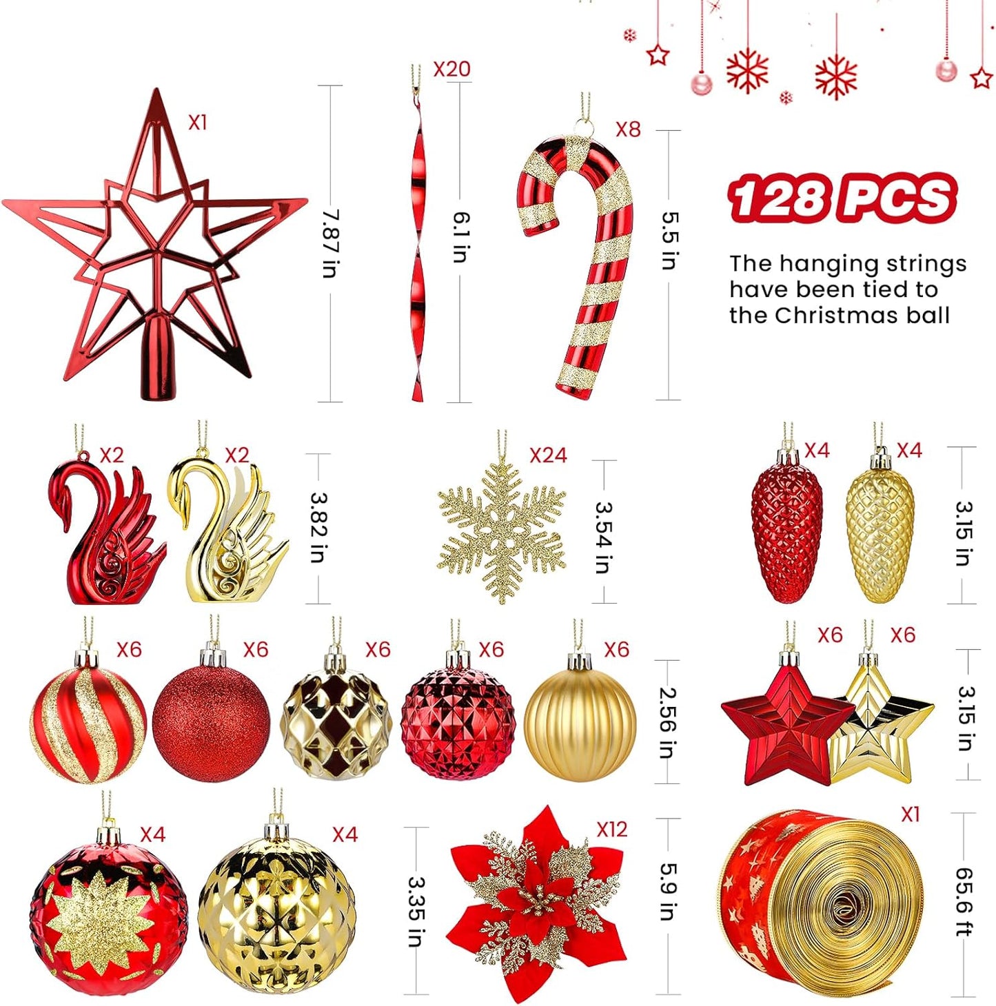 BNIB-Alupssuc 128pcs Christmas Balls Ornaments Set, Shatterproof Plastic Baubles Christmas Flowers