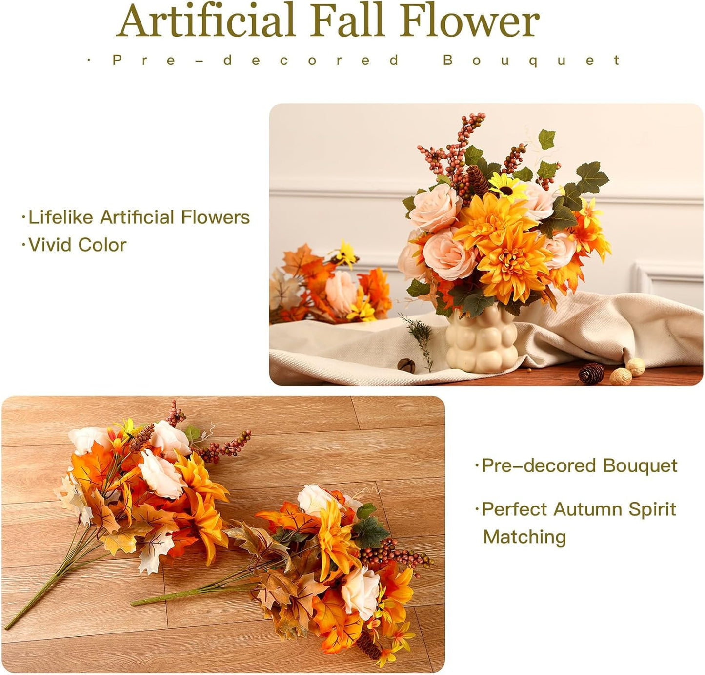 BNIB-2Pcs Large Artificial Fall Flowers,Thanksgiving Floral Arrangement with Berry and Maple Leaf Decoration