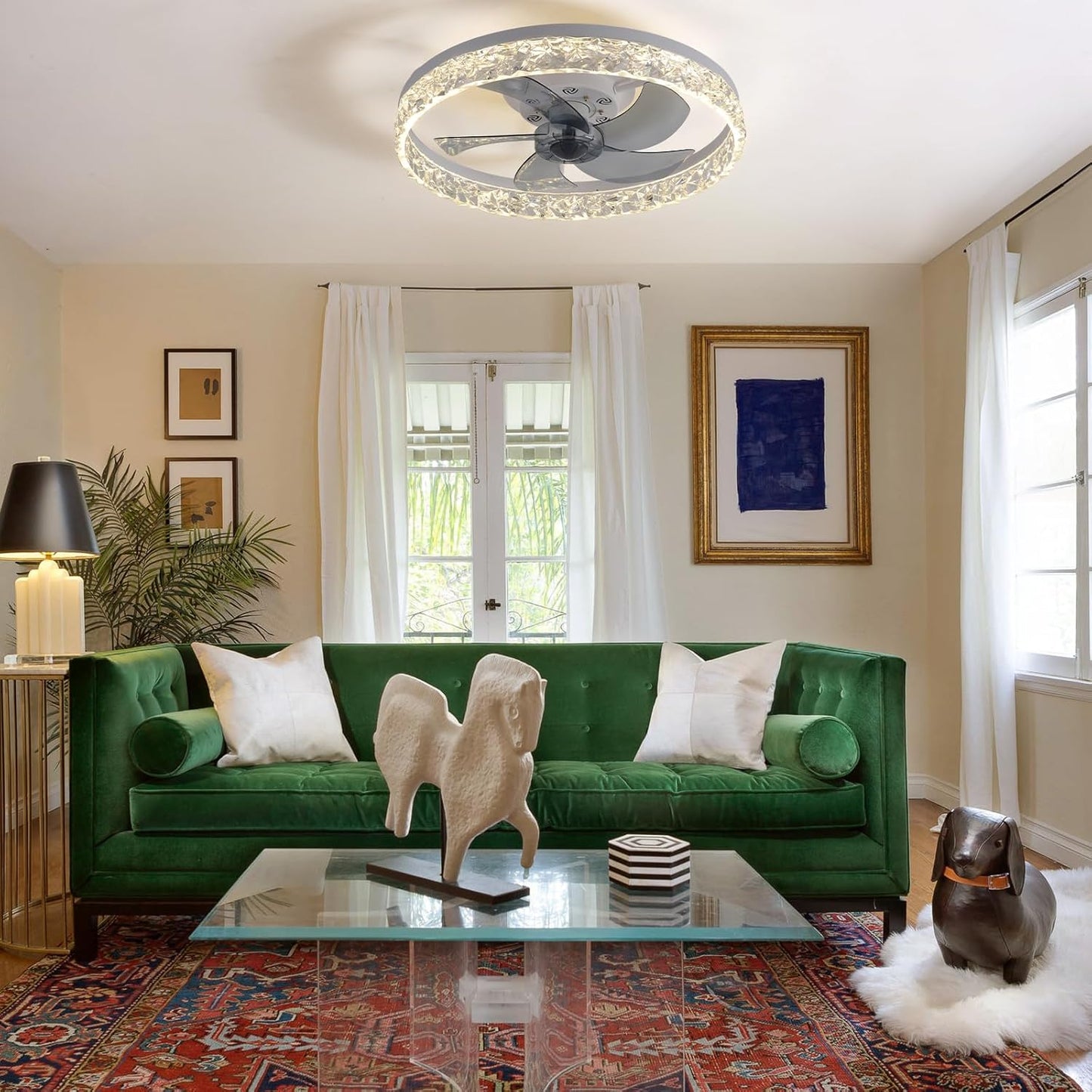 BNIB-FRIXCHUR 20" Modern Crystal Bladeless Ceiling Fan with Light – (white 6 Speeds 3 Colors Change)