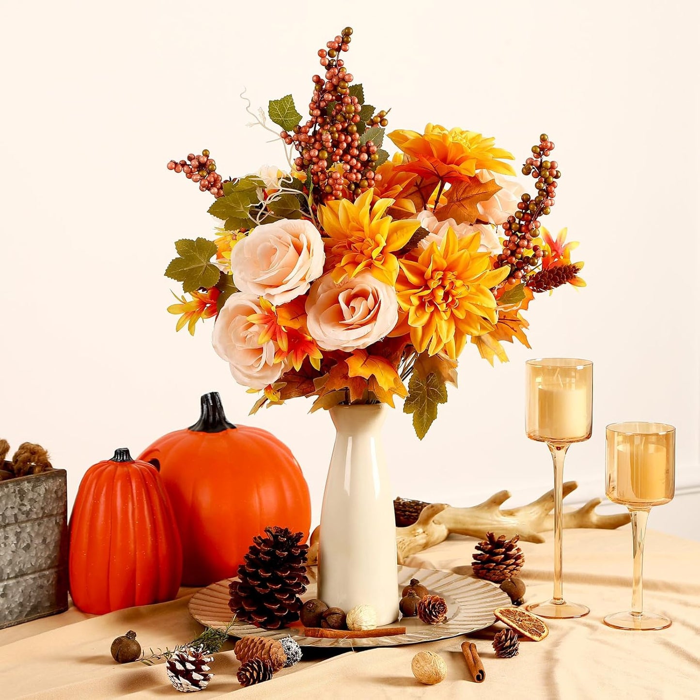 BNIB-2Pcs Large Artificial Fall Flowers,Thanksgiving Floral Arrangement with Berry and Maple Leaf Decoration