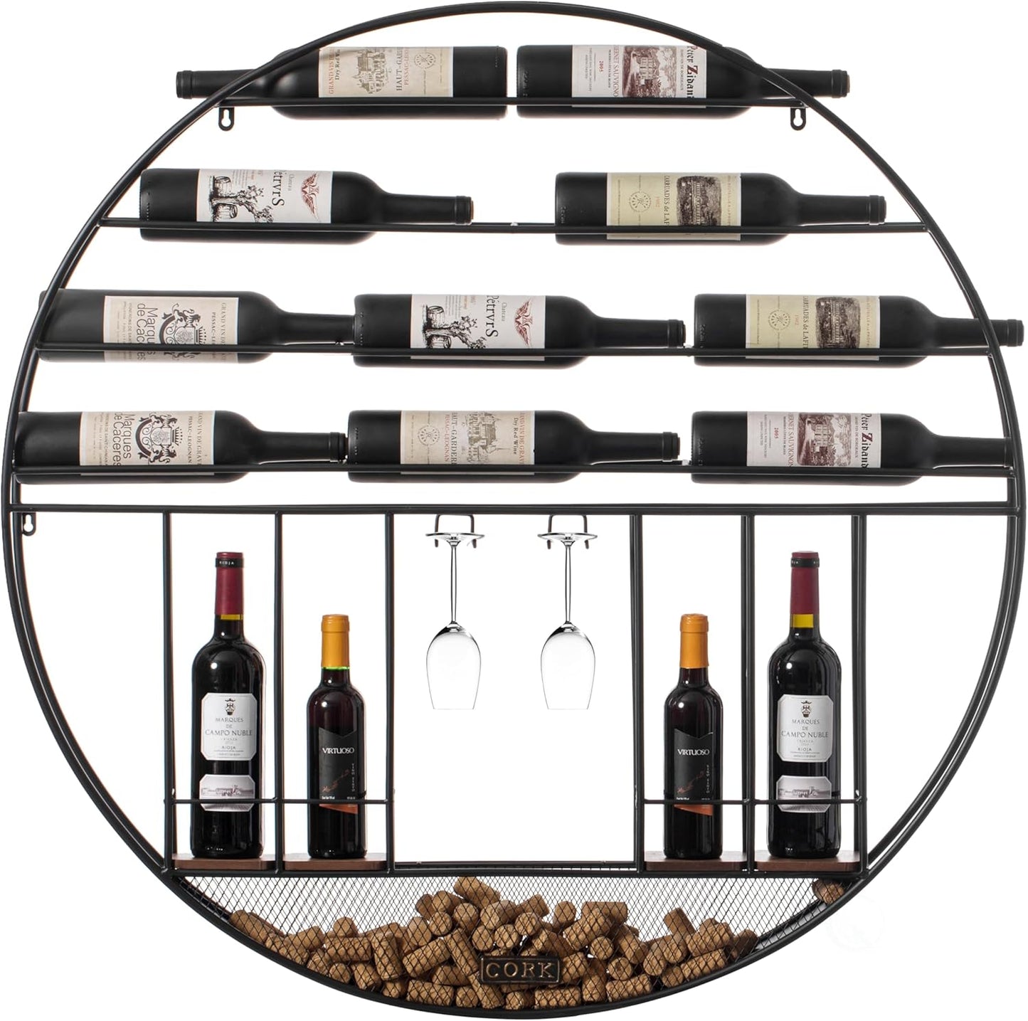 BNIB-Wall Mounted Round Metal Wine Rack w/Cork & Glass Holder,Modern Decoration, Black,