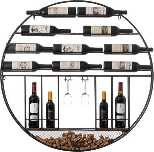 BNIB-Wall Mounted Round Metal Wine Rack w/Cork & Glass Holder,Modern Decoration, Black,