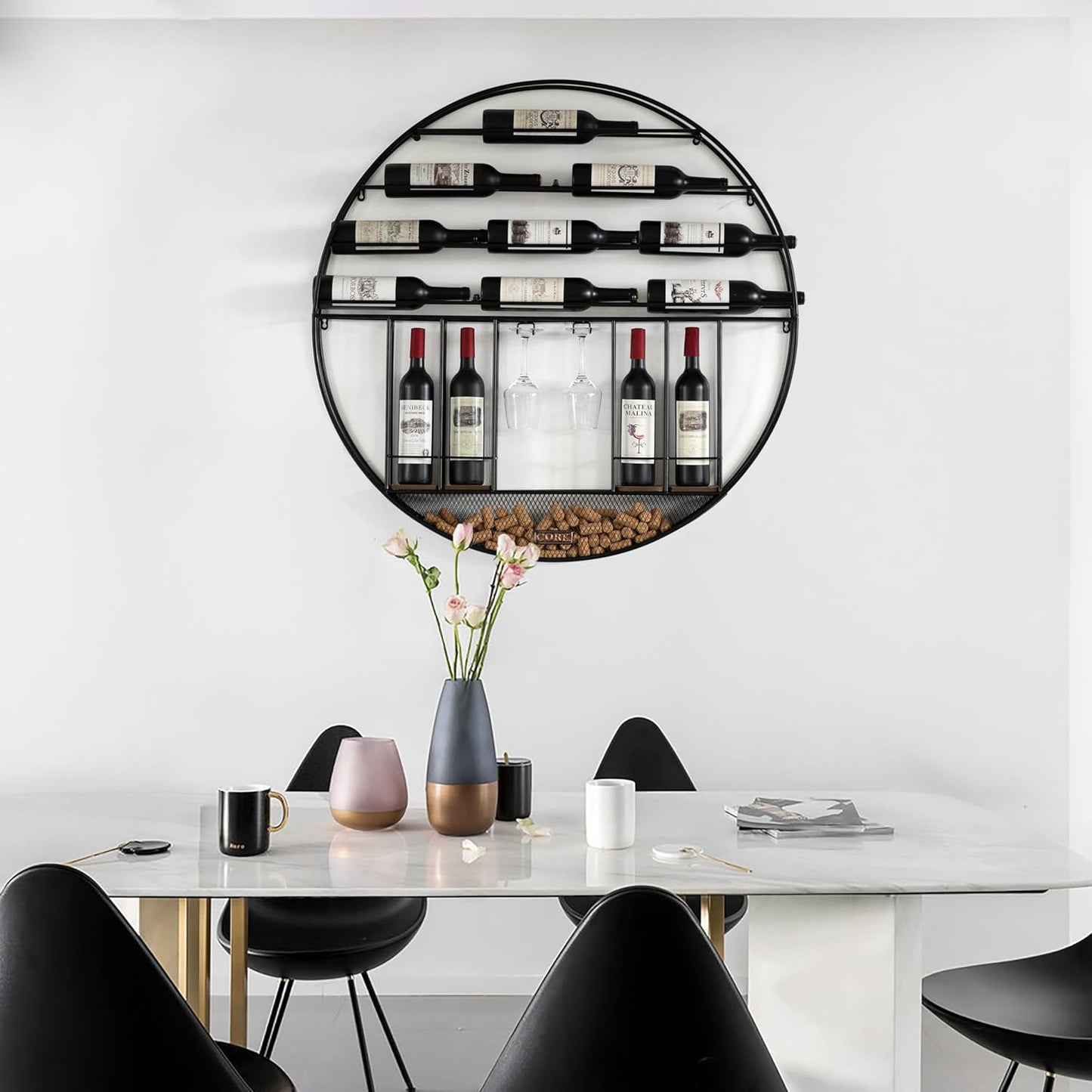 BNIB-Wall Mounted Round Metal Wine Rack w/Cork & Glass Holder,Modern Decoration, Black,