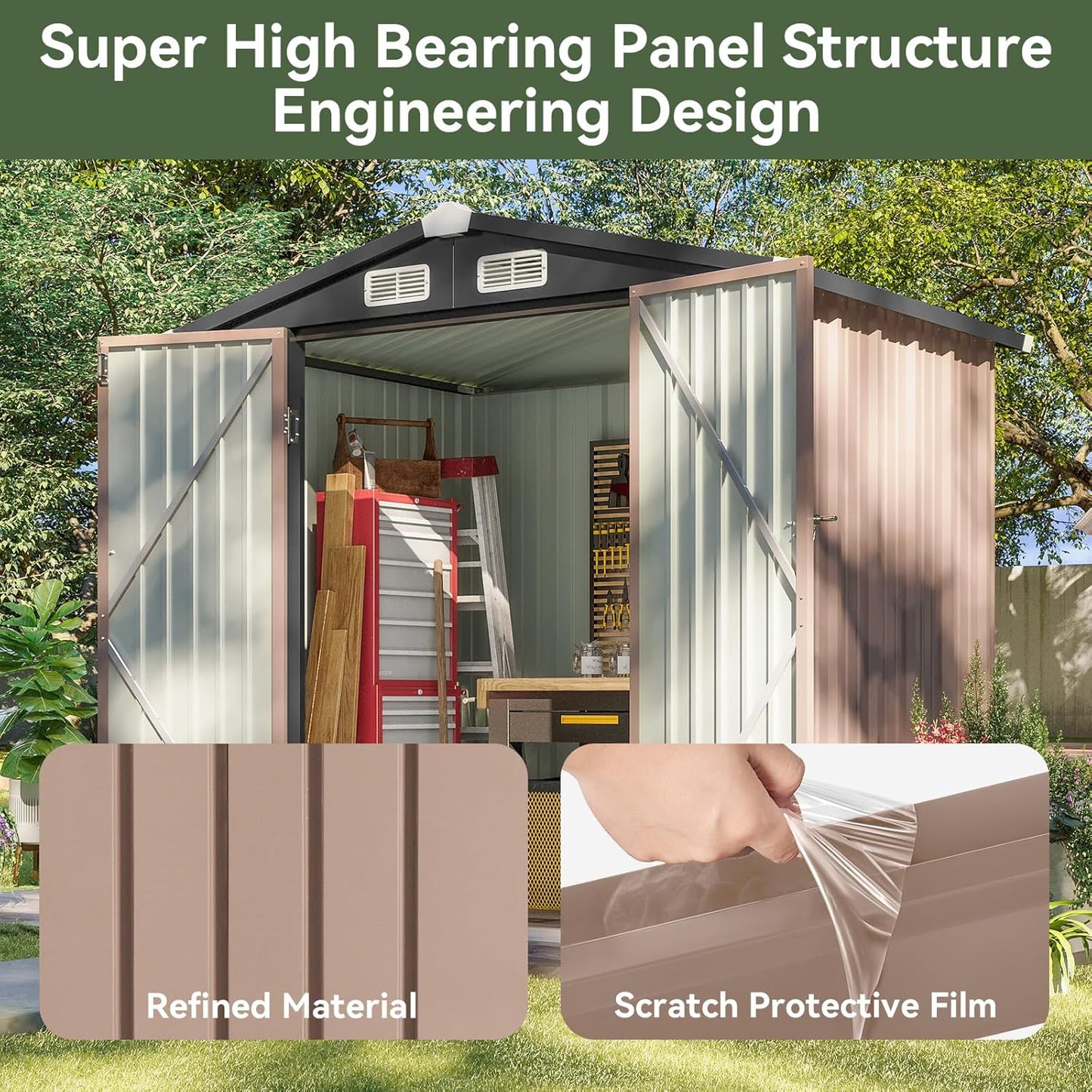 BNIB-6.2 x 4 ft Outdoor Storage Shed, Metal Garden Tool Shed with Lockable Door (Brown)