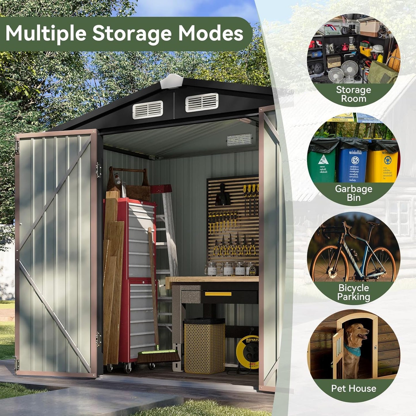 BNIB-6.2 x 4 ft Outdoor Storage Shed, Metal Garden Tool Shed with Lockable Door (Brown)