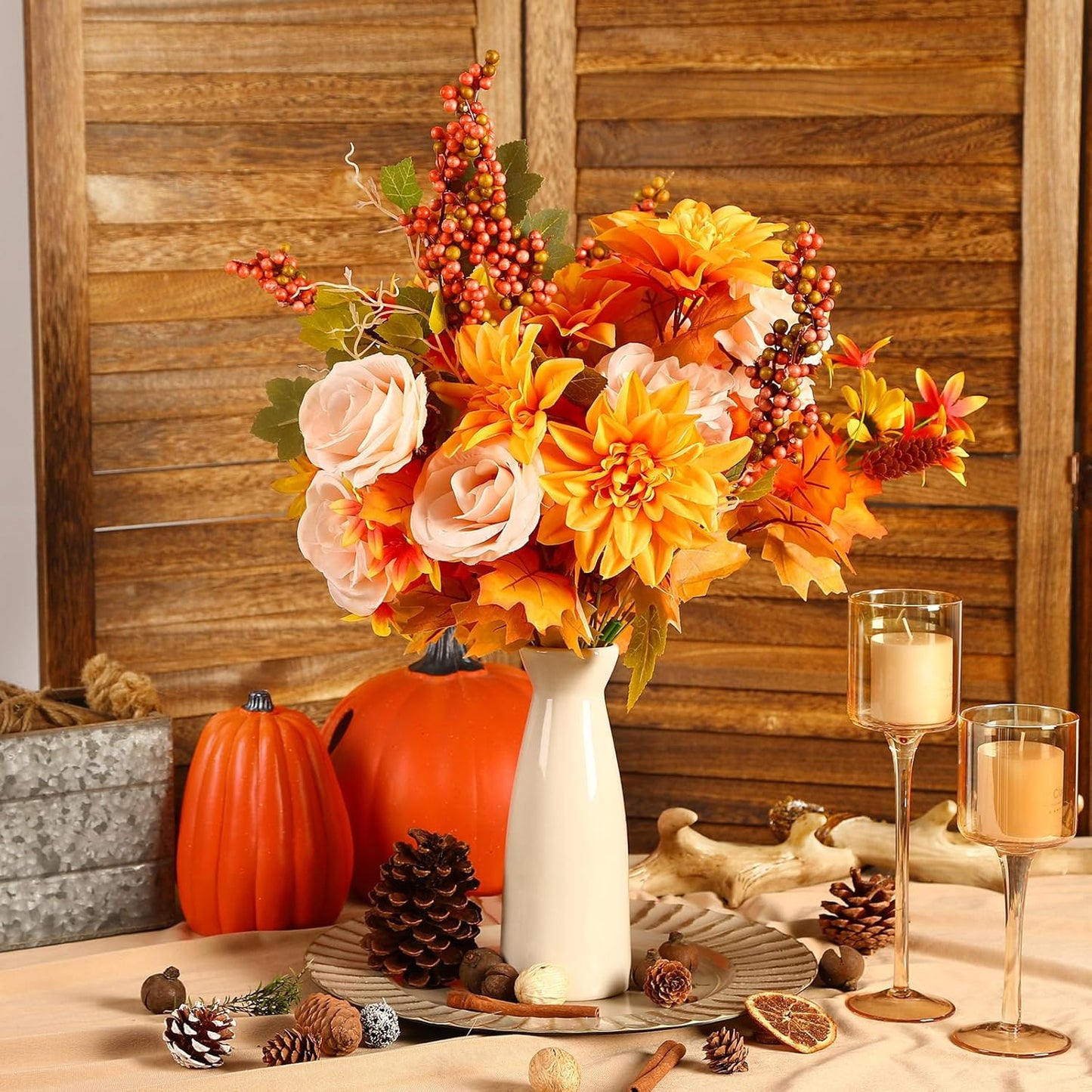 BNIB-2Pcs Large Artificial Fall Flowers,Thanksgiving Floral Arrangement with Berry and Maple Leaf Decoration