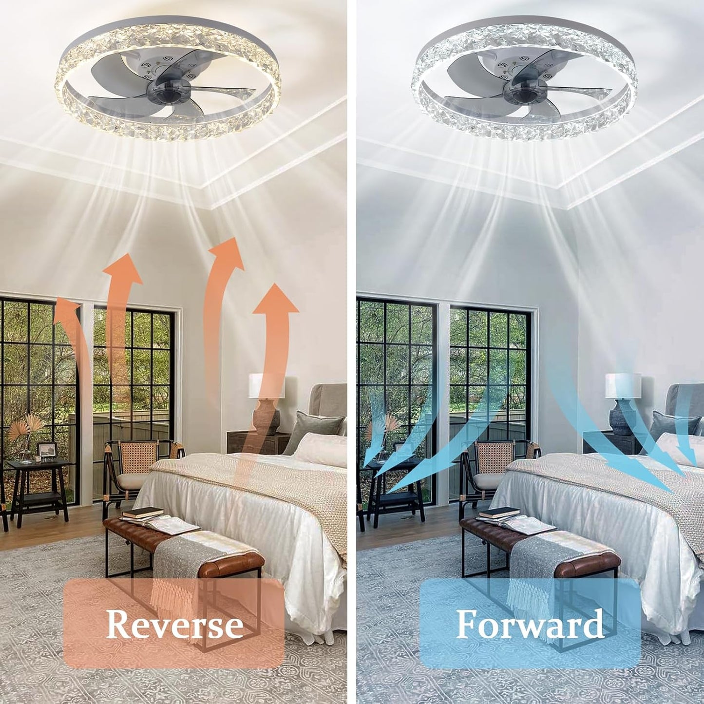 BNIB-FRIXCHUR 20" Modern Crystal Bladeless Ceiling Fan with Light – (white 6 Speeds 3 Colors Change)