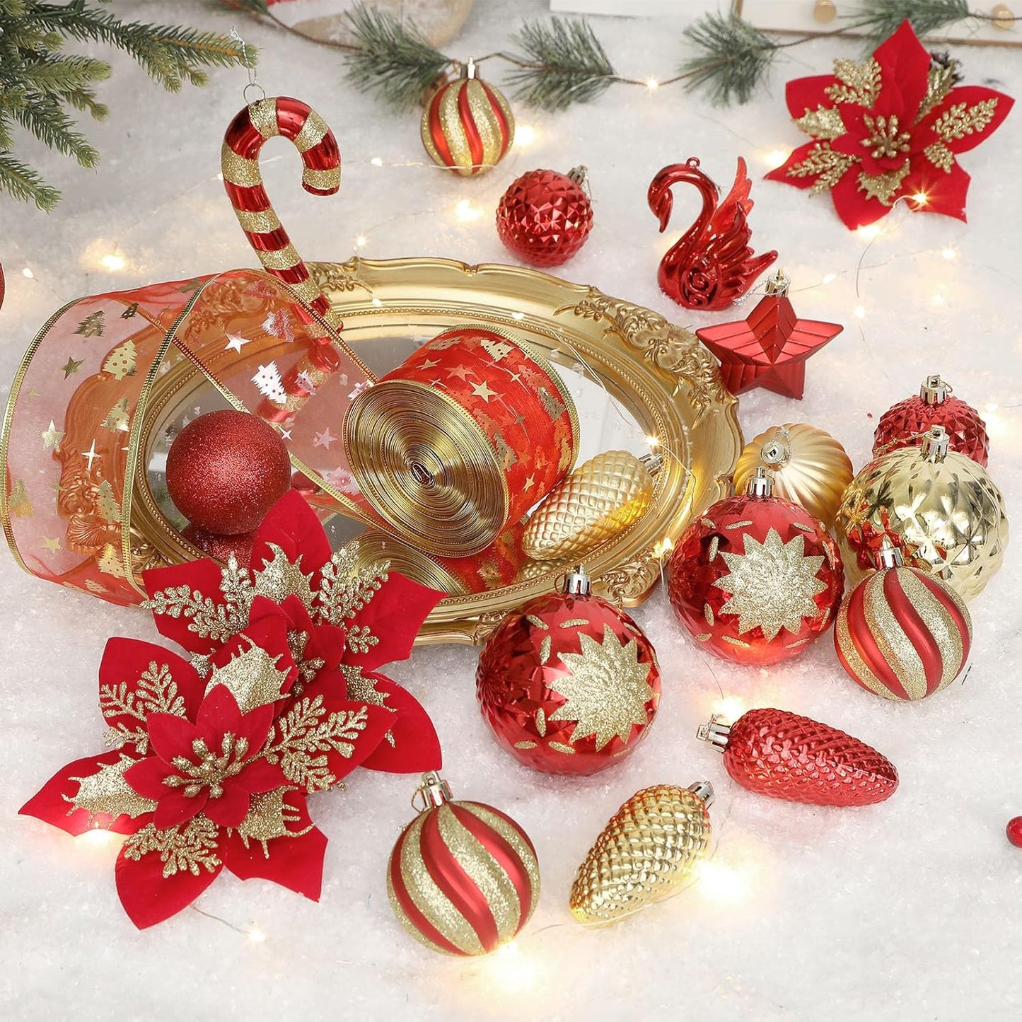 BNIB-Alupssuc 128pcs Christmas Balls Ornaments Set, Shatterproof Plastic Baubles Christmas Flowers