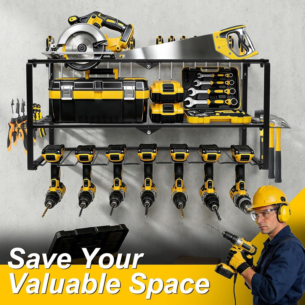Brand New – 3-Tier Wall-Mounted Power Tool Organizer – 7 Drill Slots, Black -$30