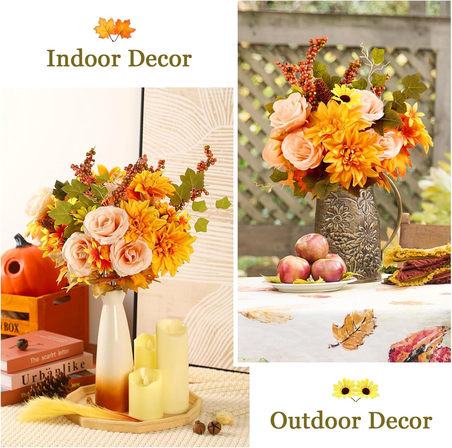 BNIB-2Pcs Large Artificial Fall Flowers,Thanksgiving Floral Arrangement with Berry and Maple Leaf Decoration