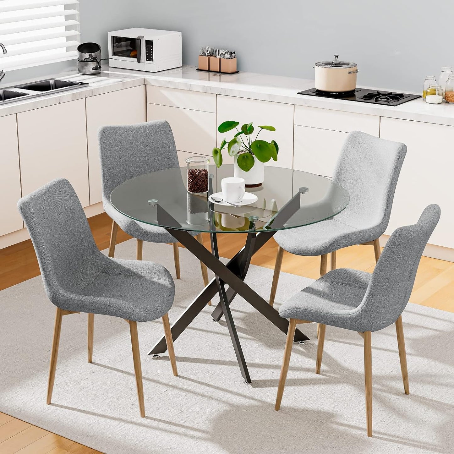 BNIB-GOLDFAN Glass Dining Table, 35.5 inches Round Modern Kitchen Table Home Furniture with Black Metal Legs