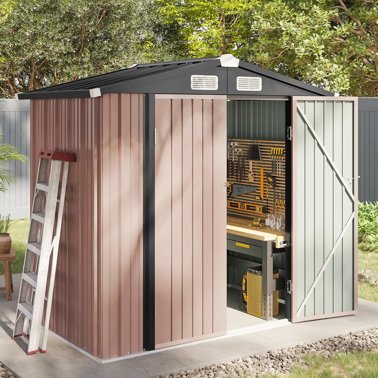 BNIB-6.2 x 4 ft Outdoor Storage Shed, Metal Garden Tool Shed with Lockable Door (Brown)