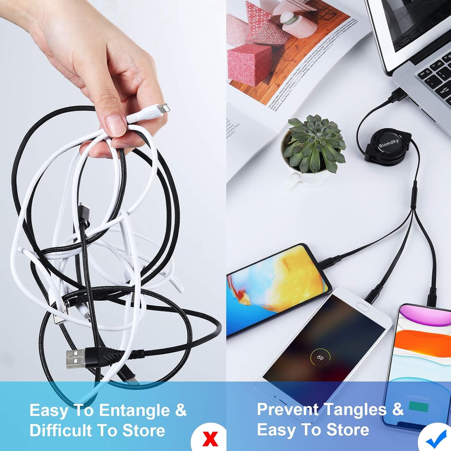 BNIB-2 Pack 3 in 1 Multi USB Retractable Charger Cable,3A Multiple Charging Cord Adapter