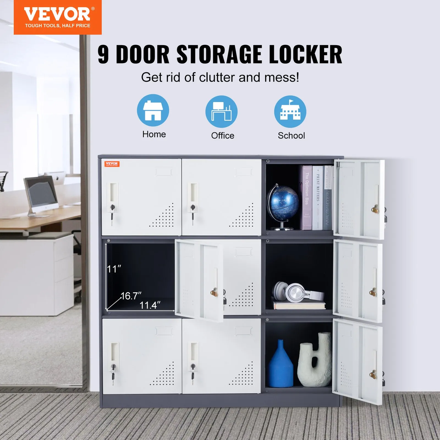 VEVOR Metal Locker for Employees, 9 Doors Storage Cabinet with Card Slot, Gray Steel Employee Lockers,-$160
