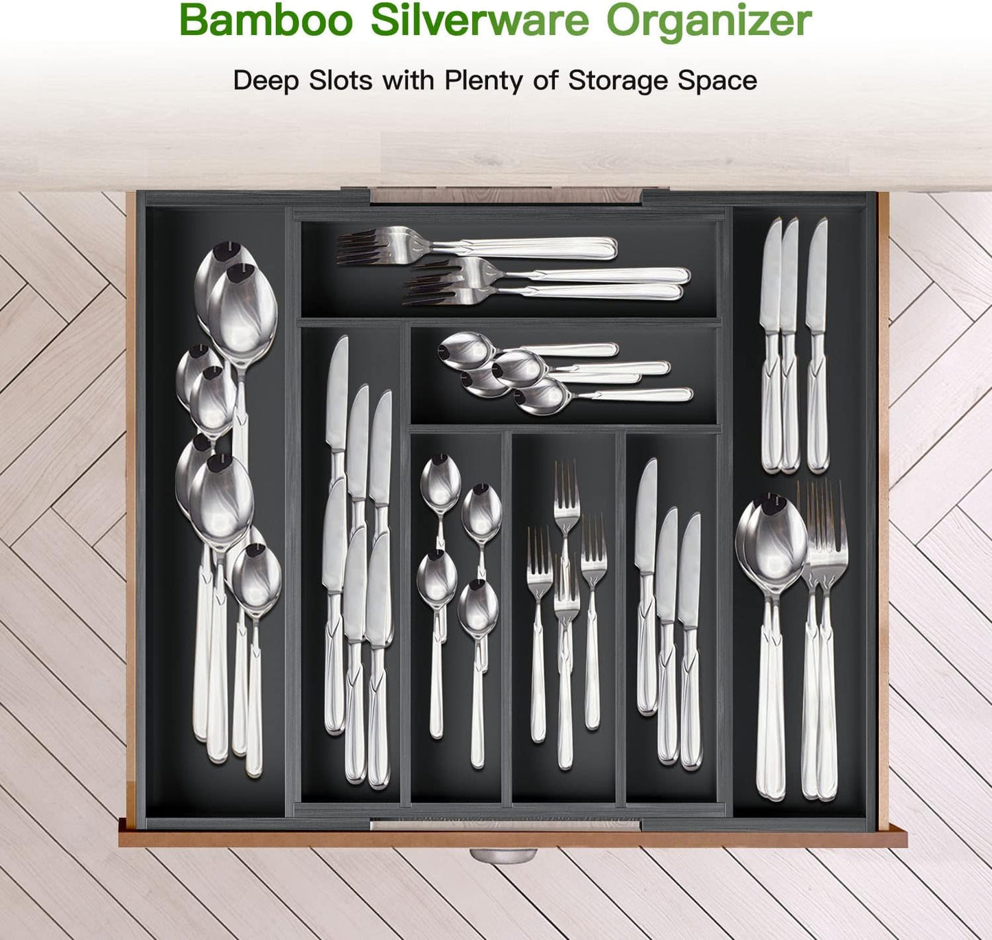 BNIB-Bamboo Expandable Drawer Organizer for Utensils Holder, Adjustable Cutlery Tray, (Black)-$20