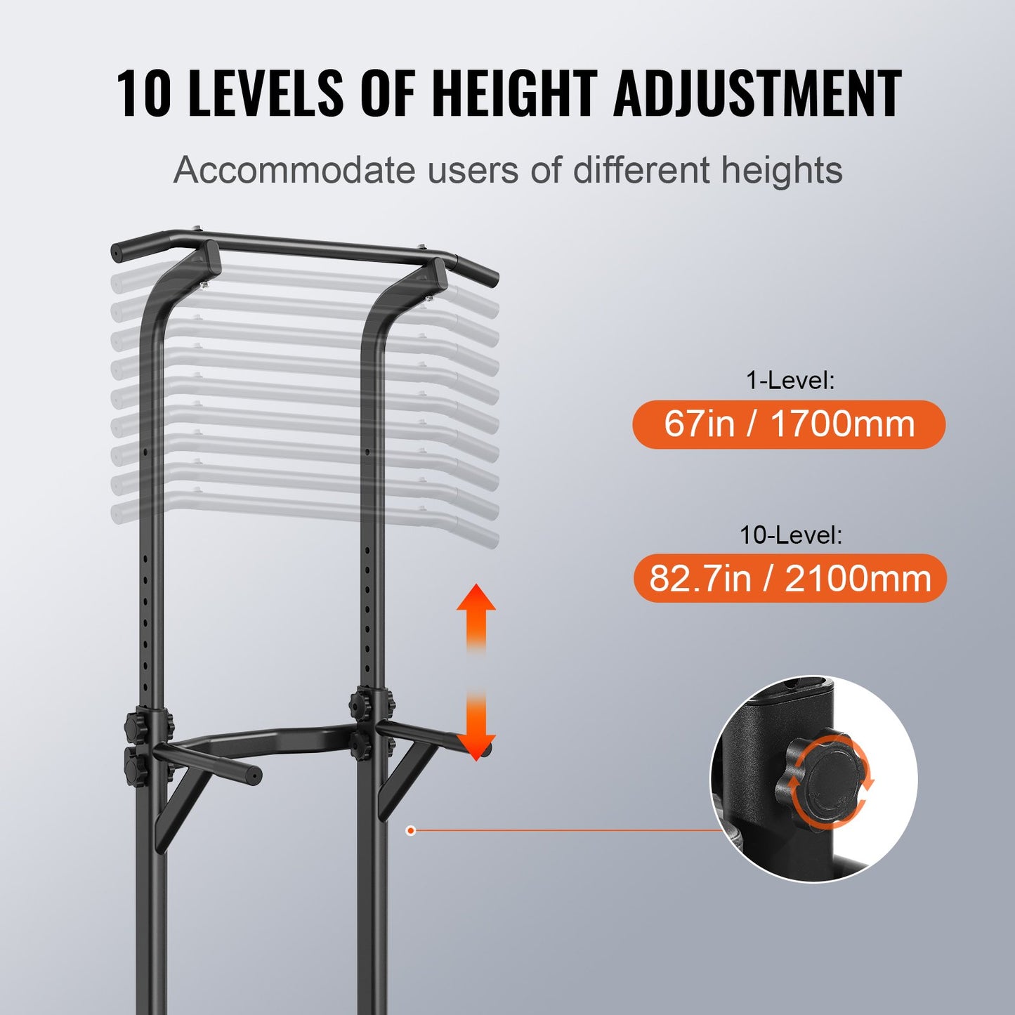 VEVOR Power Tower Dip Station, 10-Level Height Adjustable Pull Up Bar Stand, Multi-Function Strength Training,